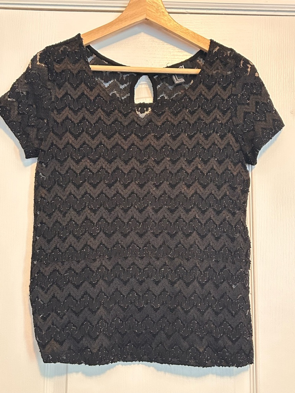 Forever 21 Black Textured Short Sleeve shimmery lace Top